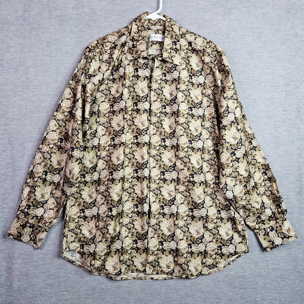 Jim Thompson 100% Silk Floral Rose Print Button Down Shirt Tan Brown Large